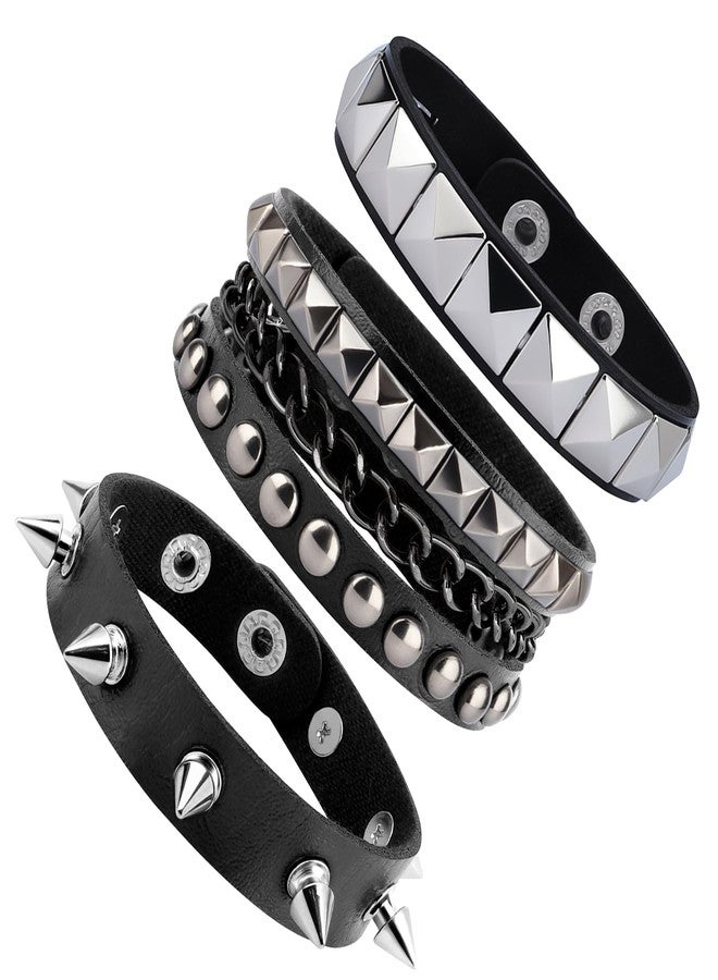 UlZDVUli Studded Bracelet, Rock Bracelets, 3 Pieces Black Rock Emo Punk Goth Leather Wristband, Gothic Rivet Cuff Wristbands Jewelry Accessories for Men Women Halloween - Image 1